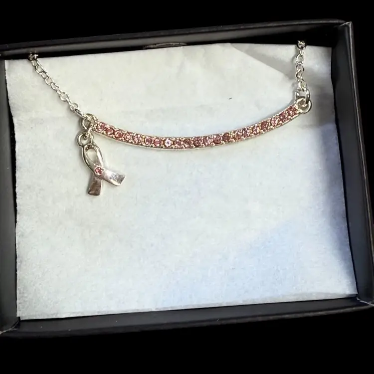 Breast Cancer Awareness Pink Hope Ribbon Necklace Silvertone Avon 2019