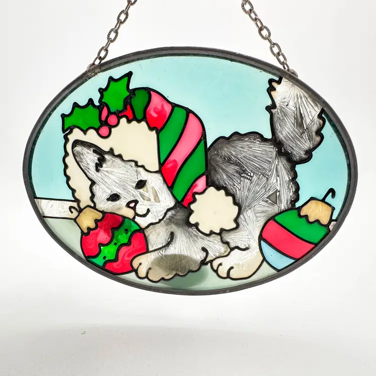 Christmas Cat Kitten Suncatcher Joan Baker Designs 4.5"L 3"W