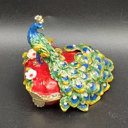 Hand Painted Enamel Heart Shaped Peacock Trinket Box