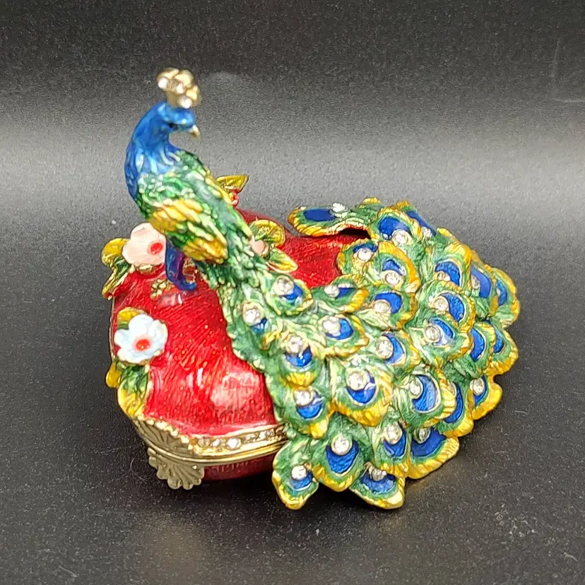 Hand Painted Enamel Heart Shaped Peacock Trinket Box
