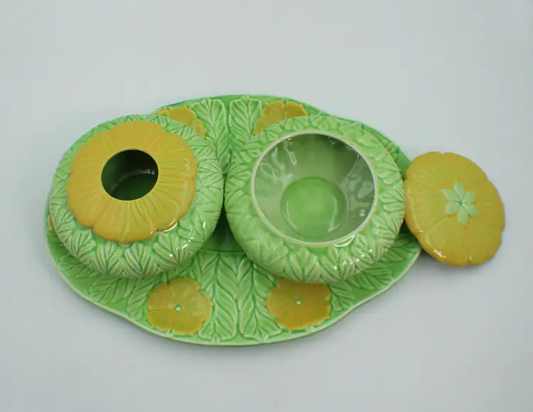 Wedgwood & Co. Green/Yellow Dressing Table Tray W/Hair Receiver And Trinket Box