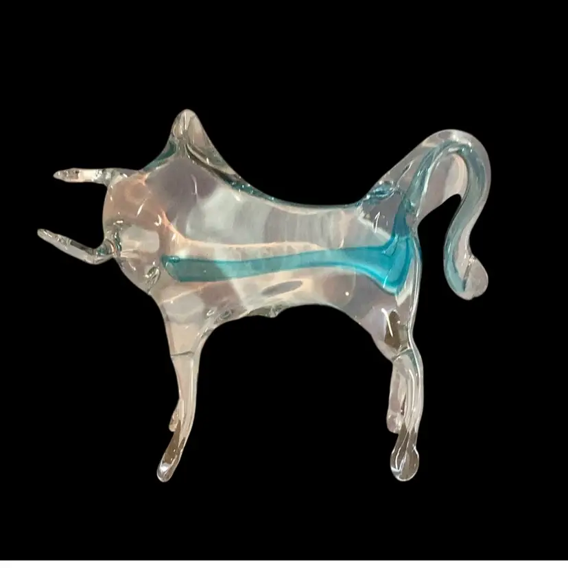 Vintage Clear With Blue Stripe Art Glass Bull