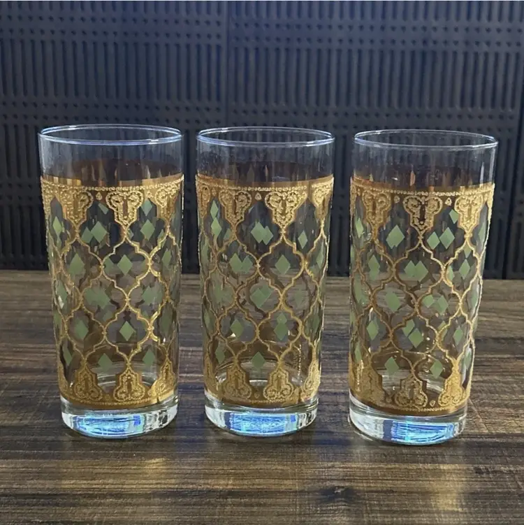 Culver Valencia Lowball Glass 22K Gold Green Diamonds Vintage MCM Barware