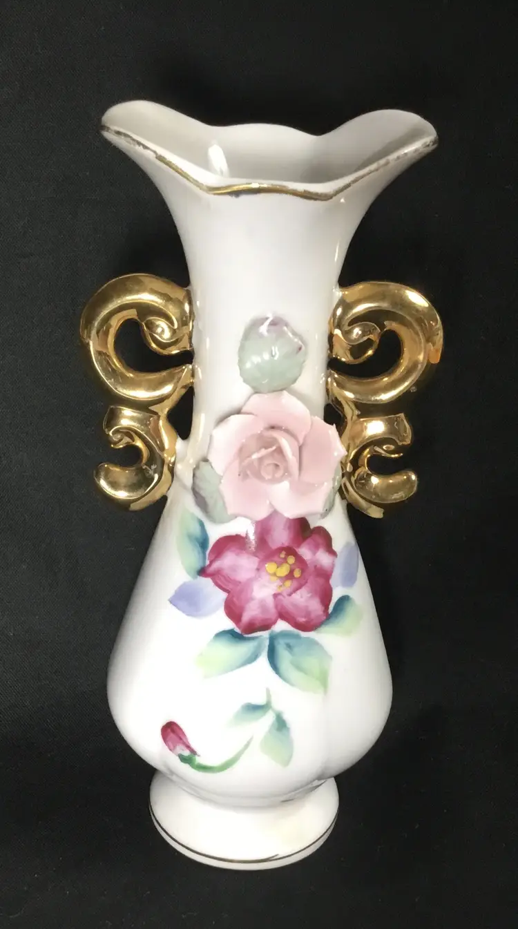 Vintage Ucago small bud vase, Japan 6" hand painted w/ applied rose and leaves