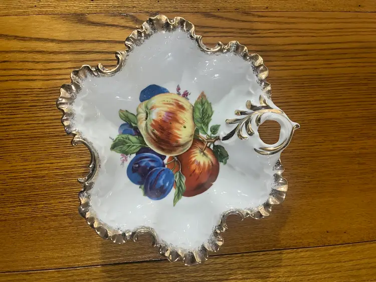 Vintage hand-painted porcelain dish with fruit motif and gold trim. Circa 1950 -8 “
