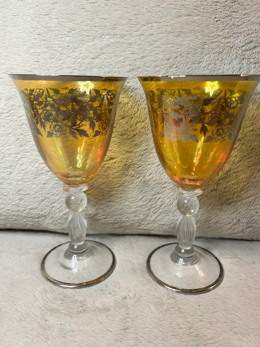 Vintage Marshall Field Vivaldi Amber Water Goblets Made In Italy Platinum Trim