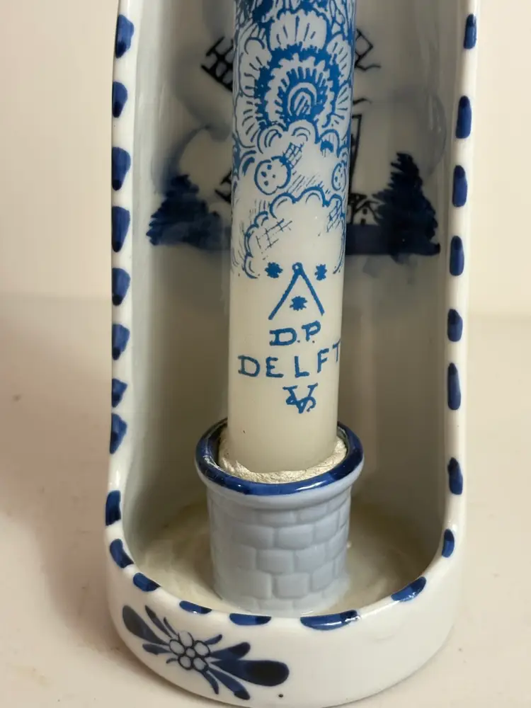 Vintage Delft Candle Holder Hand Painted Windmill Wall Mount & Floral Wax Candle
