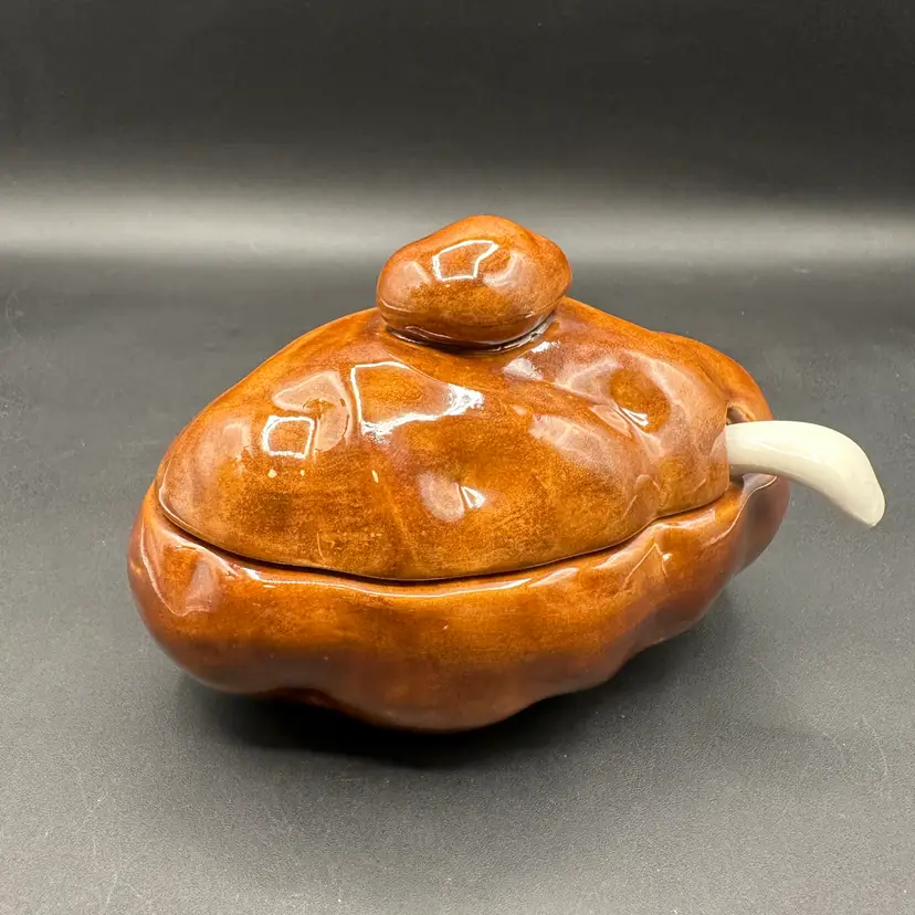 Ceramic Vintage Sour Cream Caddy “Baked Potato” Server With Original Ladle Spoon 6”L 4”W Signed QMO ‘79