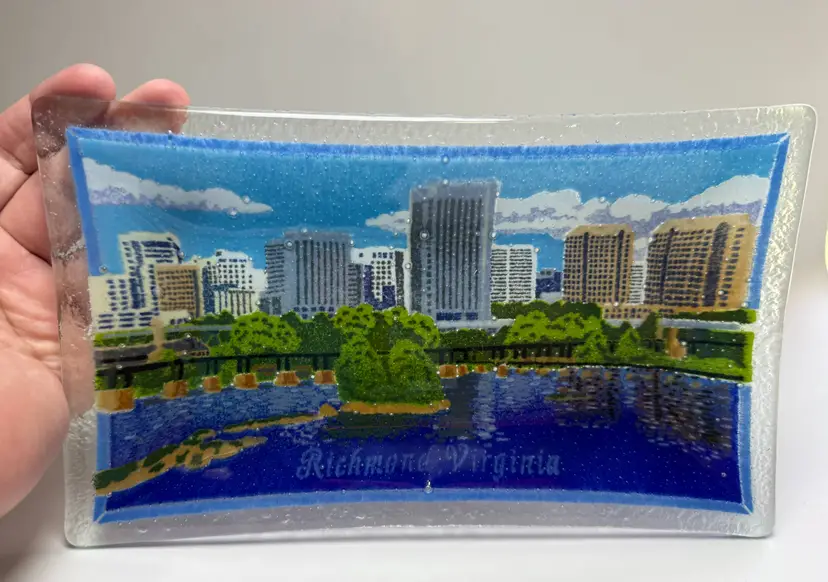 HTF 10" Peggy Karr Fused Glass Richmond VA Tray Trinket Dish Signed City Plates