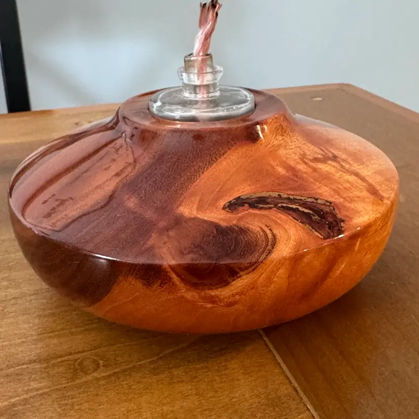 Cat’s Claw Acasia Hand-Turned Wood Oil Lamp - Rich Amber Swirl 6”