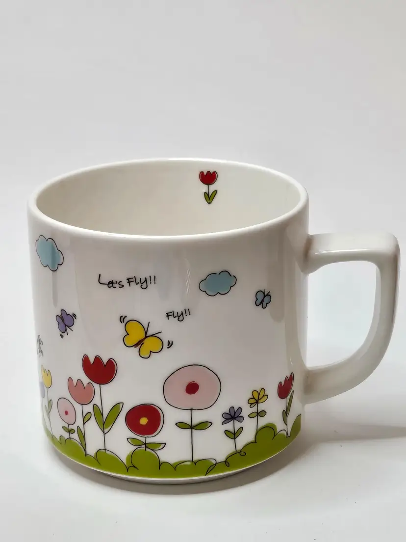 Let's Fly Butterfly And Flower Cup Mug By Jinsung Ceramic Ware Clouds Bees Grass