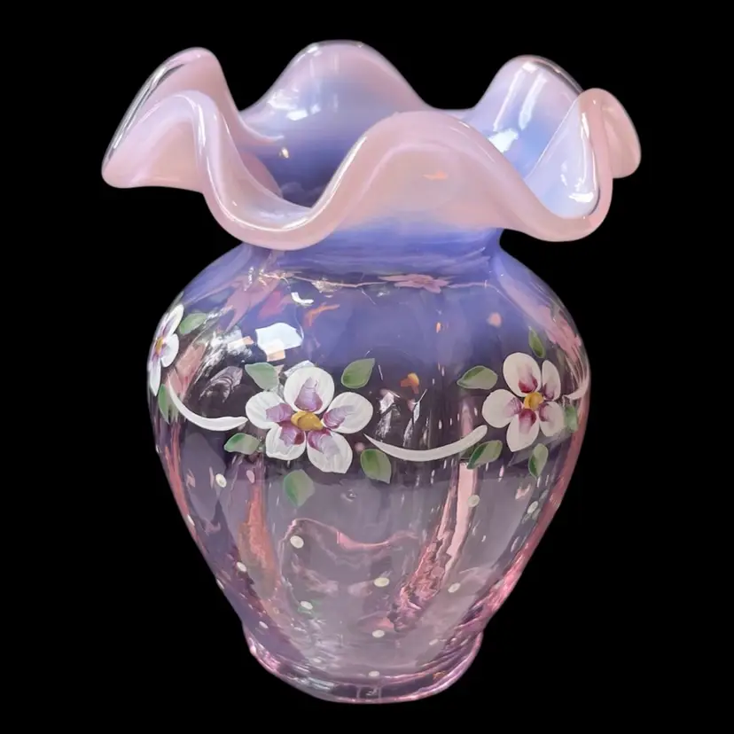 Fenton Dotted Swiss Collection Ruffle Rim Vase With Bill Fenton Signature, 2001 Fenton Pink Chiffon Opalescent Glass Vase Hand Painted Signed By T. Christopher Exclusive For Cracker Barrel Old Country Store, Fenton Dotted Swiss Pink Chiffon Opalescent Glass Vase