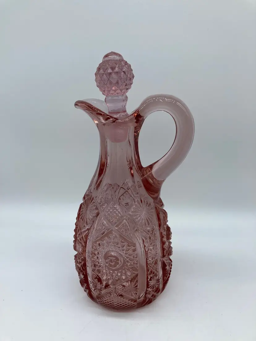 Vintage Imperial Glass Co Crystal Cut Pattern Pink Cruet with Stopper