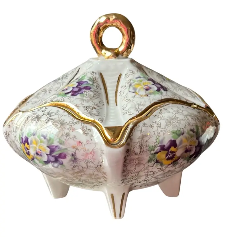 Vtg 50’s Ceramic Lidded Candy Dish/Bonbonniere Footed PANSIES Gilt Edges READ