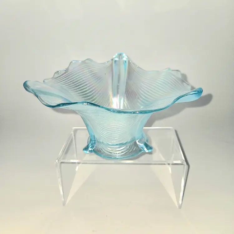 Northwood Carnival Glass Candy Dish Antique Drapery Pattern RARE ICE BLUE GLOWS