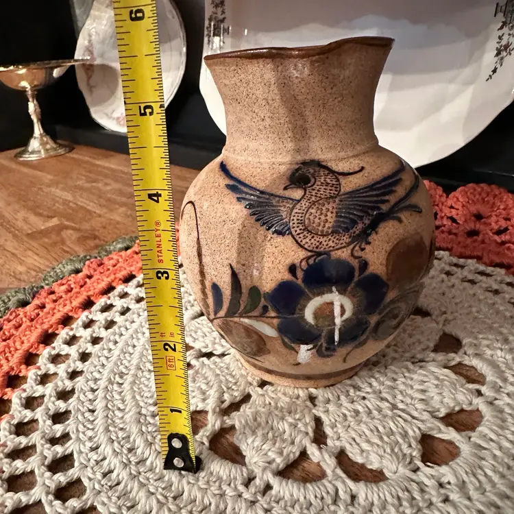 Vintage Hand-Made Mexican Folk-Art Signed “ZMex” Pottery Pitcher/Jug With Bird and Flowers