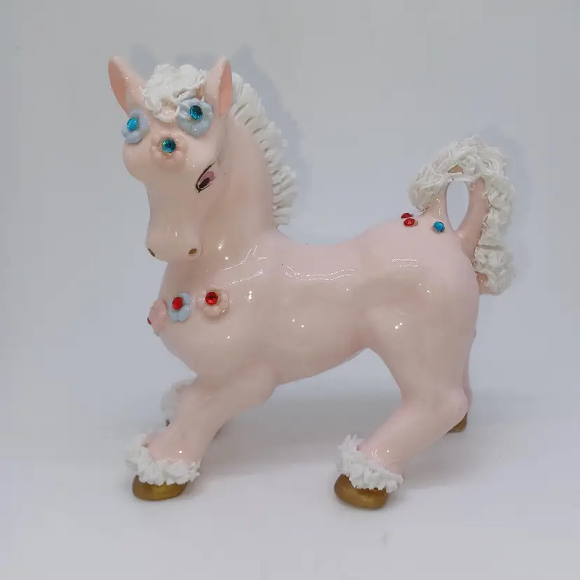 Vintage 1950 Kreiss & Co Ceramic Pink Spaghetti Horse Figurine Japanese Rare