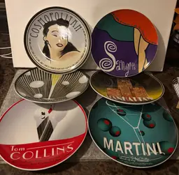 Set of 6 Retro Barware Art Deco Cocktail Plates 8.5"  #3062