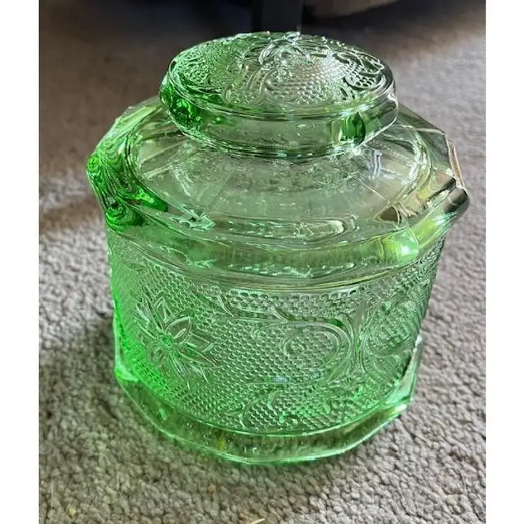 Indiana  Tiara Green Glass Canister Jar