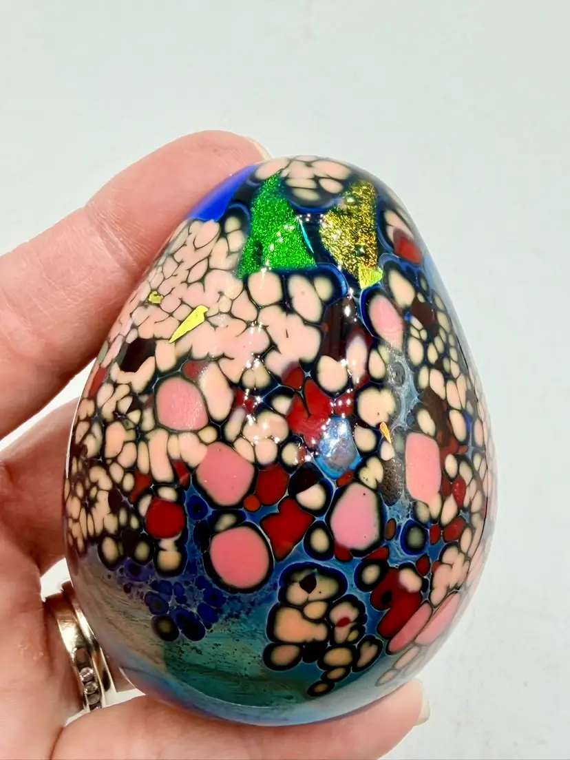 Rollin Karg Signed Dichroic Iridescent Egg Art Glass Paperweight Confetti RARE
