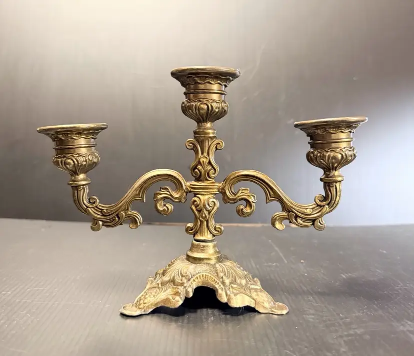 Vintage Brass Italian Mini Ornate Candelabra 5" Tall Rococo 3-Arm Candle Holder