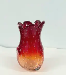 Art Glass Bullicante Amberina Hand Blown Vase Ruffled Pulled Red Ombre Bubbles