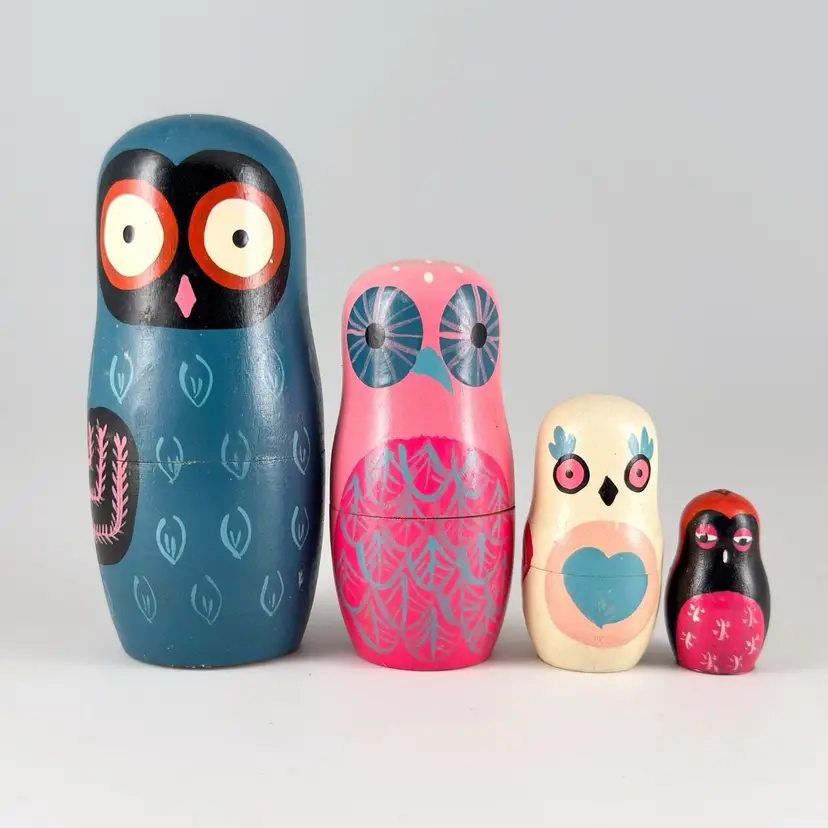 Set of 4 Owl Matryoshka Nesting Dolls Hand Painted Wood Earthbound Trading Co