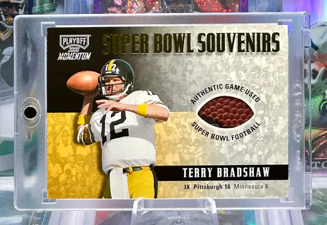 Terry Bradshaw 2000 Playoff SUPER BOWL GAME USED Football Leather Patch Pittsburgh Steelers
