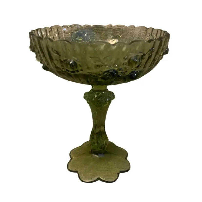 Fenton Colonial Green Cabbage Rose Compote 7 1/2 X 6 1/4 Inches