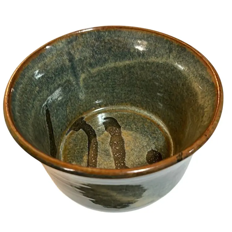 Studio Pottery Green Brown Glazed Signed  Bowl 4.75” x 3”