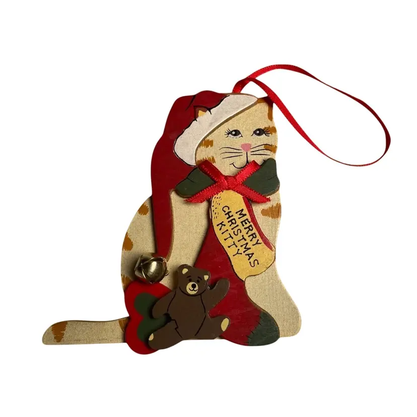 1989 Kurt S. Adler Merry Christmas Kitty Cat Wooden Ornament Vintage 3.5"