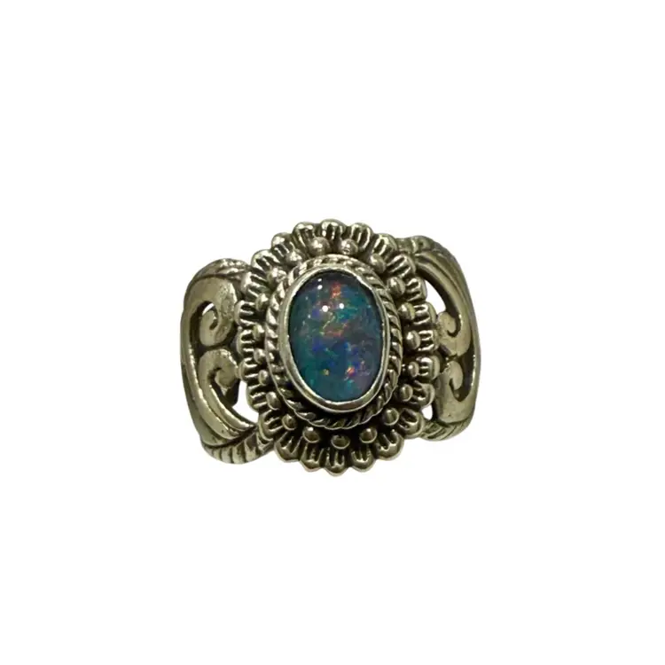 Sterling Silver Australian Fire Opal Boho Filigree Ring Size 7, 5.5g