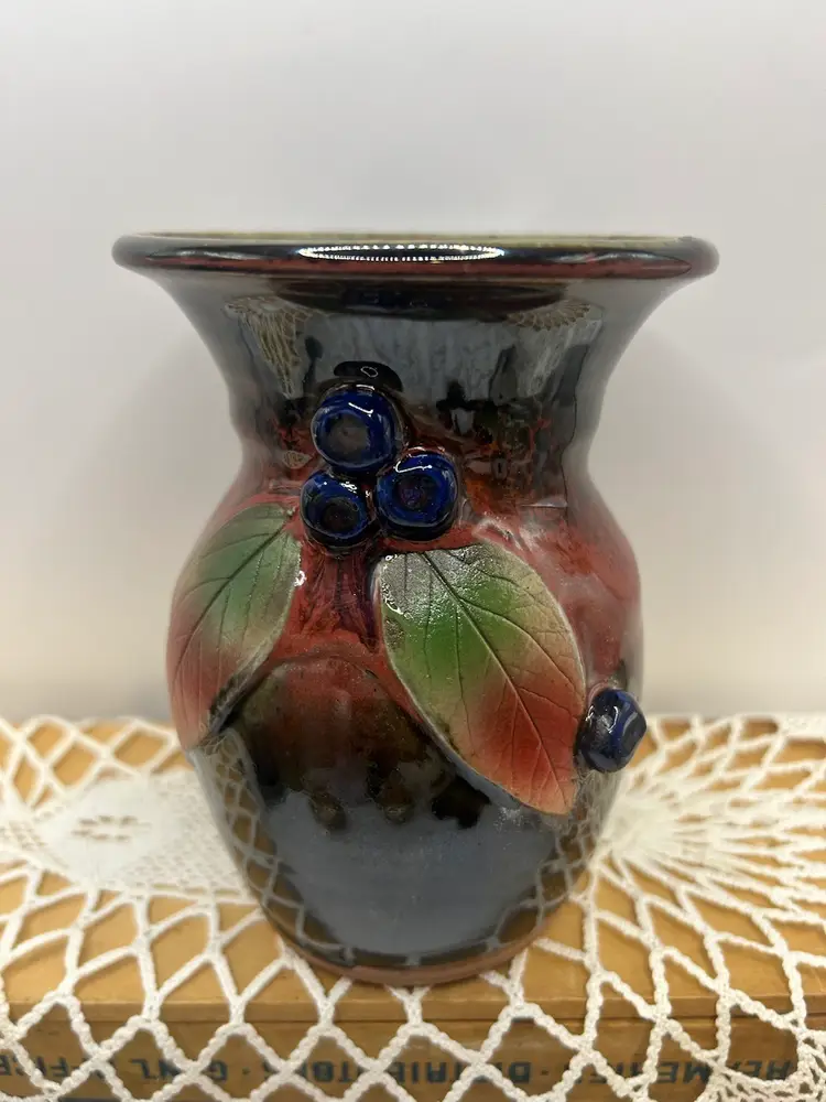 Bemey Leaf & Berry Signed Pottery Vase  5 X 3 3/4