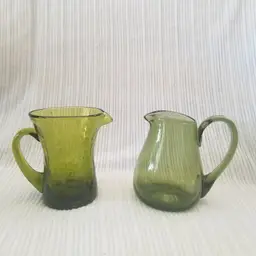 Two Small Green Glass Pitchers Blown Crackle Applied Handles 3.75” Vintage Creamer