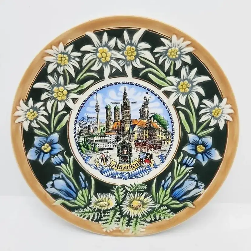 Gerz Decorative Wall Plate, Munchen, with Raised Flowers, Germany