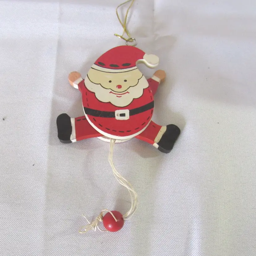 Vintage Pull String Wooden Santa Ornament w/ Moving Arms & Legs