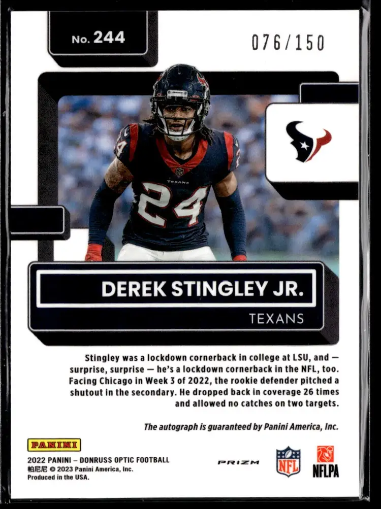 2022 Donruss Optic Football DEREK STINGLEY JR. RC Rookie Auto /150 SP #244 TEXANS