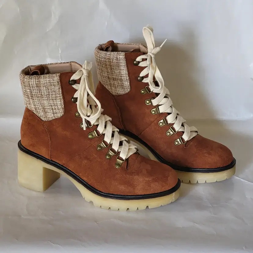 Monroe Military Bootie Mi.iM Women Laced Up Suede Top Plaid Heel Camel US Size 8