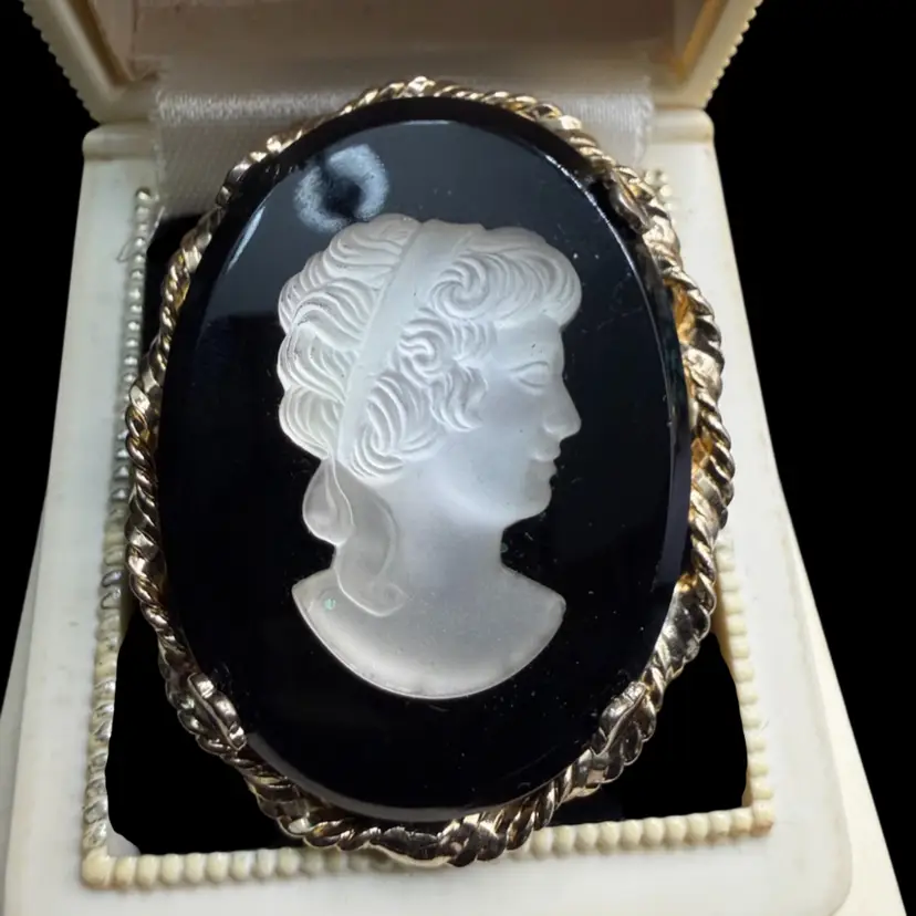 Frosted Glass Cameo, Vintage Black Enamel with Matte Lady Brooch