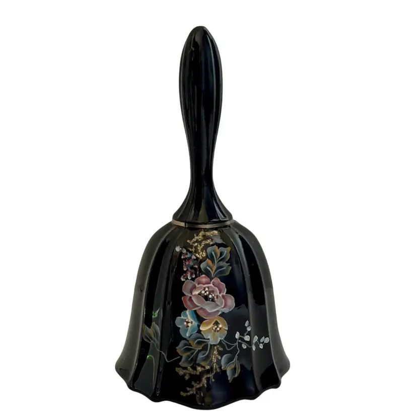 Retired FENTON Bell Black Glass Scalloped Hand Painted Flowers Pink•Blue•Gold Frit  Signed D Robinson W/Retired & Fenton Label No Box
7” T x 3-1/2” W