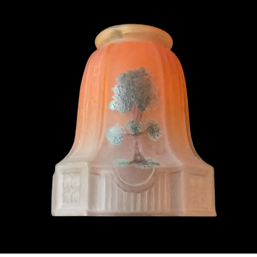 Antique Hand-painted Frosted Art Deco Orange Sky And Trees Lamp Shade. 5 X 4.25 Inches
