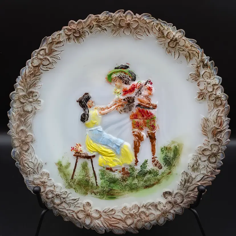 Antique McKee & Bros. Troubadour or Serenade Milk Glass Plate Hand Painted