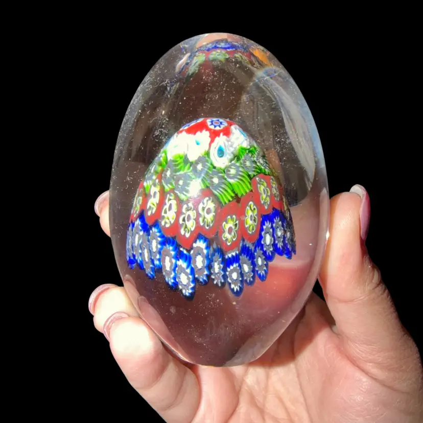 Millefiori Art Glass Egg Shaped Paperweight  3.75”