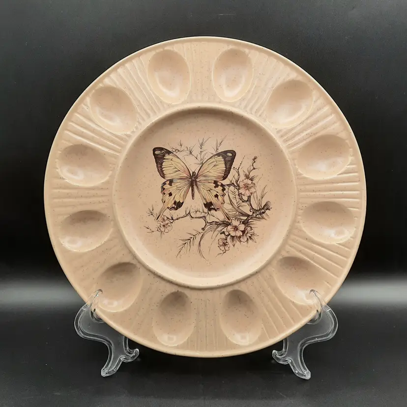 Vintage Golden Yellow Butterfly Stoneware Deviled Egg Plate