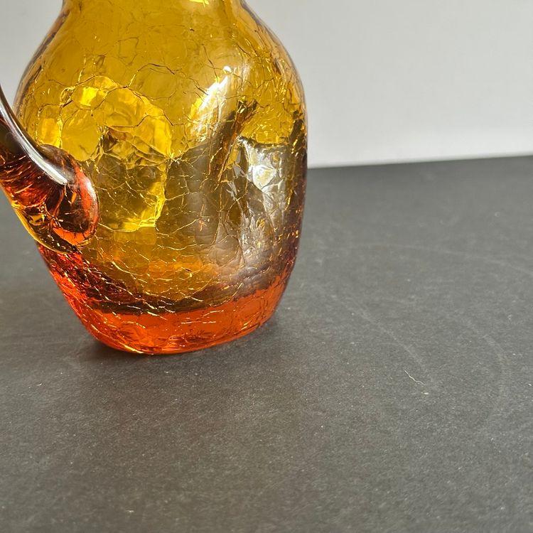 #963 Vintage Amber Crackle Glass Home Made Glass Jug Wavy Top Applied Handle