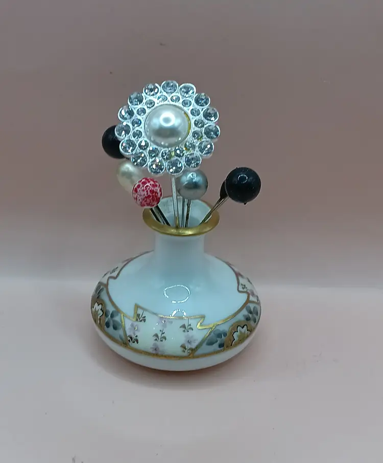 Nippon Handpainted Floral Vase with Eight Hat Pins  2" Vase
