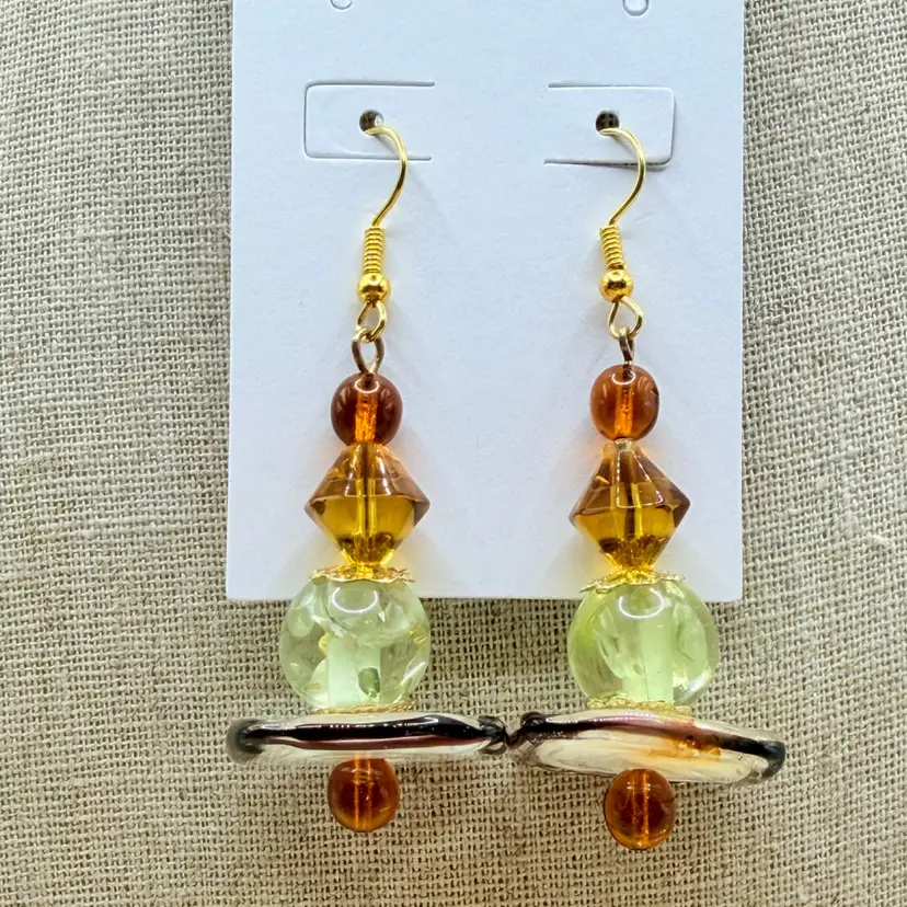 Artisan Vintage Upcycled Glass Beaded, Amber Dangle Earrings