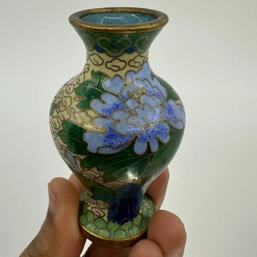 Vintage Cloisonné Small Vase With Pink & Blue Florals 3”