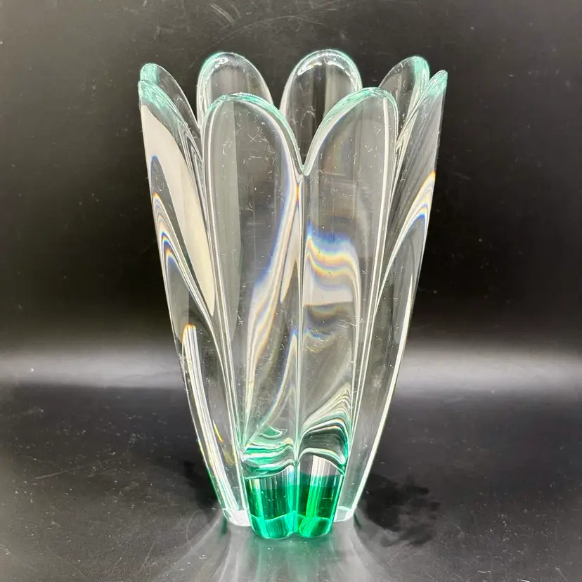 Orrefors Signed Flower Green & Clear Crystal Vase 6.5”