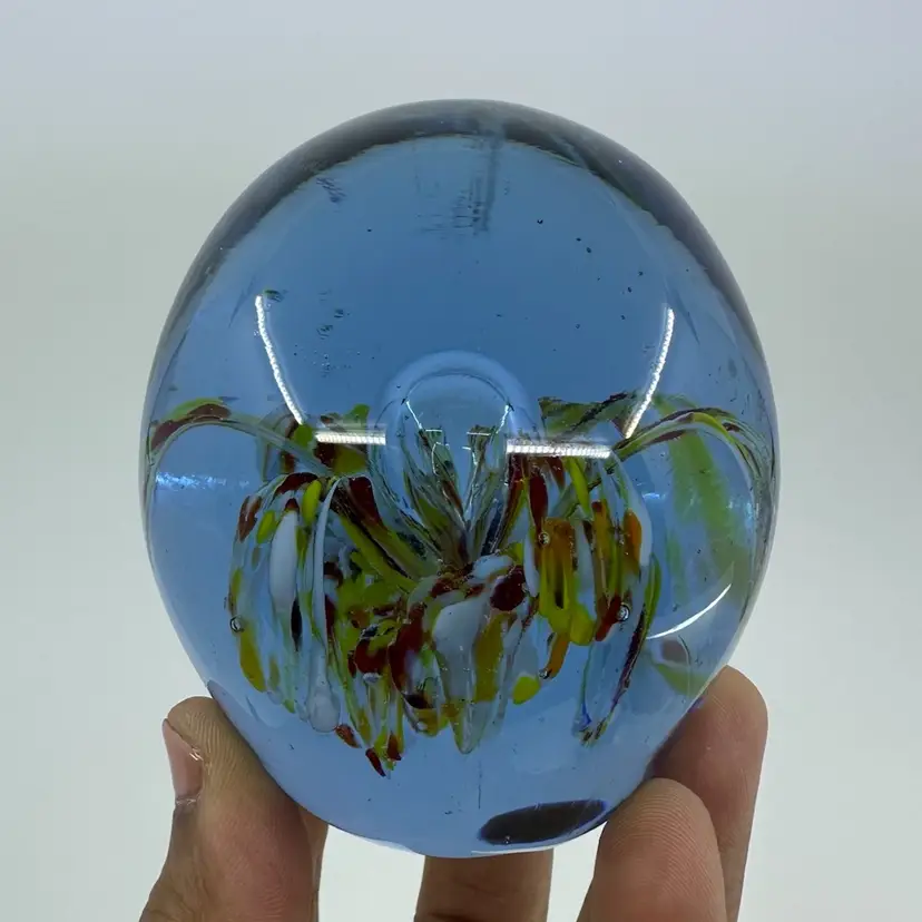 Blue Art Glass Bullicante Flower Burst Paperweight 3”